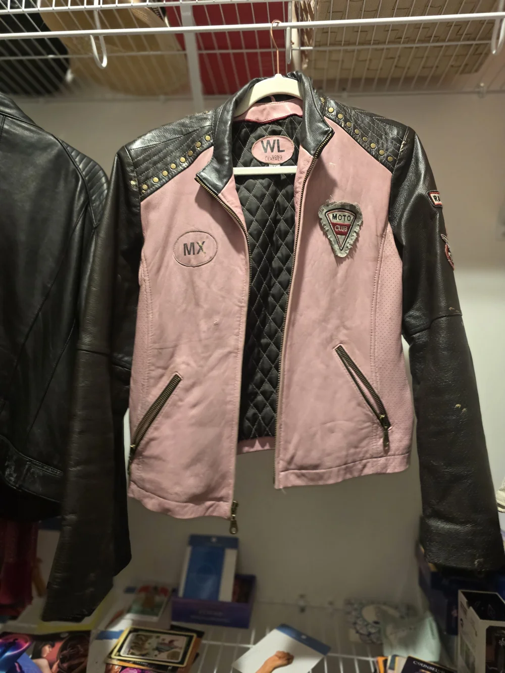 Wilsons Leather Pink and Black Embroidered Moto Jacket